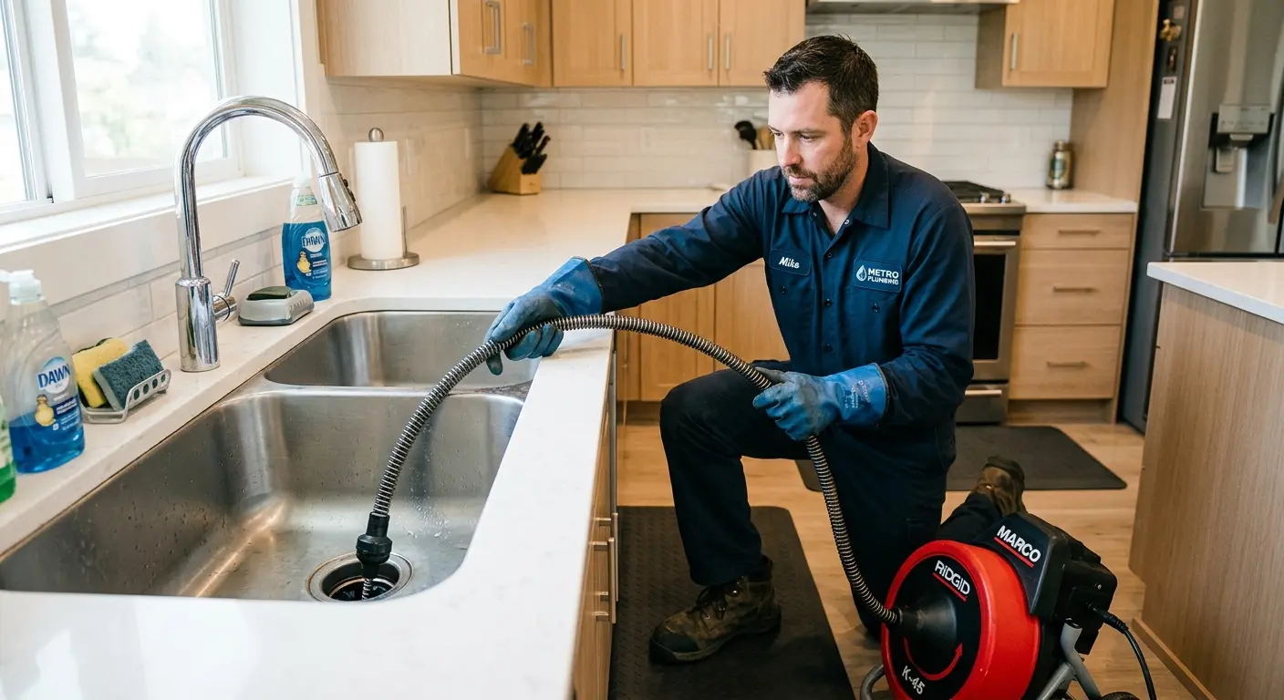 Drain cleaning technician using a motorized snake on a kitchen sink in Paradise